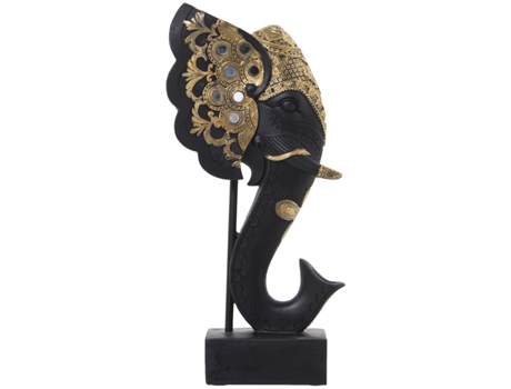 Figura de Cabeça de Elefante em Resina Dourada/Negra com Suporte