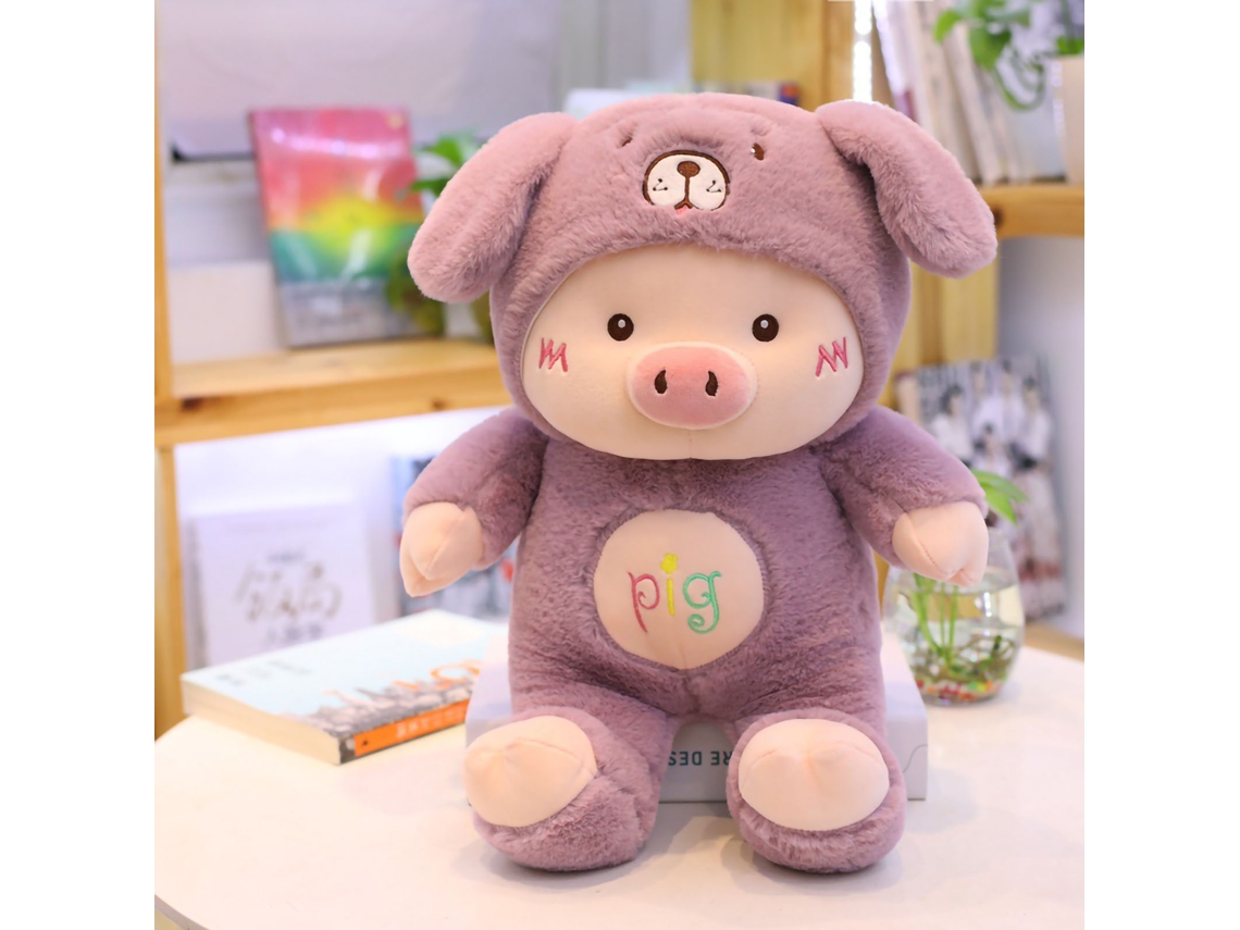 Ats brinquedo de Porco com Chapéu de Urso Bordado Forma Cartoon Relleno de Algodão Pp Amigável À Pele Pelúcia Roxa 30cm