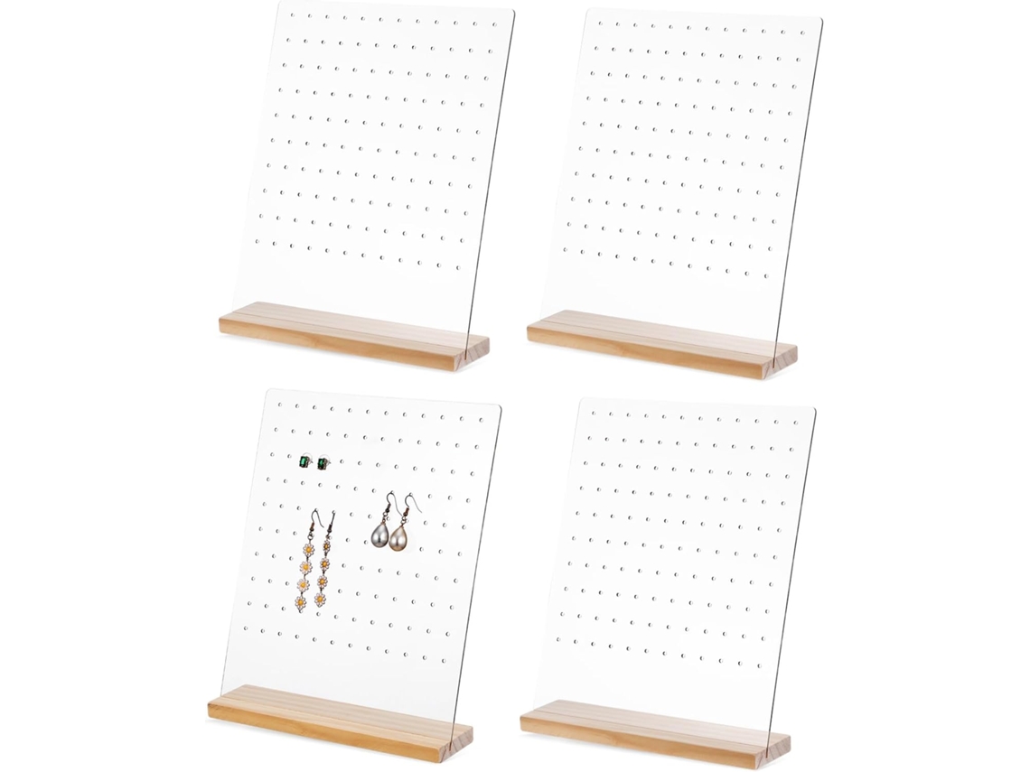 Organizador De Brincos Transparente Nuobesty De 4 Peças Com Base De Madeira E Compartimentos.