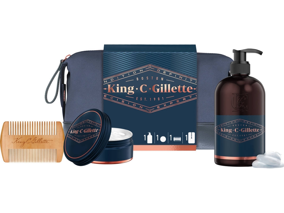 Conjunto Oferta KING C. GILLETTE Gel Lavagem Barba e Rosto + Bálsamo + Pente para Barba (Outlet Caixa Aberta)