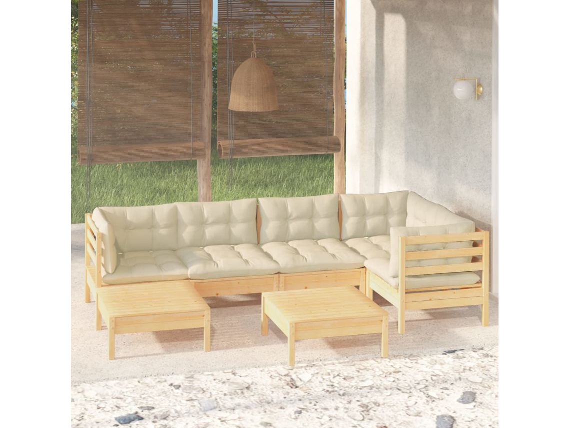 Vidaxl 7 Pcs Conjunto Lounge Jardim C/ Almofadões Creme Pinho Maciço