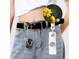 Carretel retrátil com estampa floral e ovos amarelos, enfermeiras voluntárias.