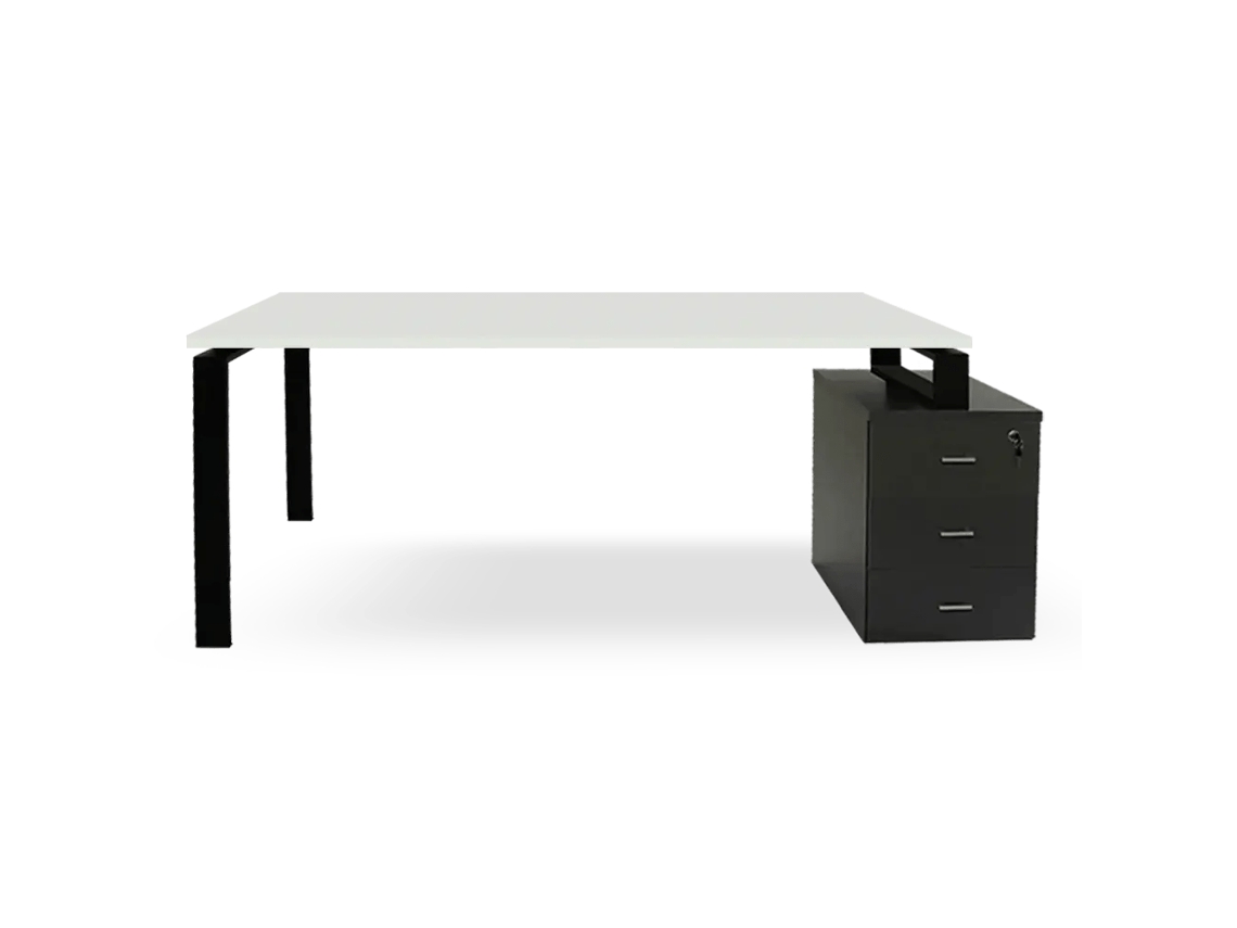Mesa Cinza Grafite Com Gavetas. Estrutura De Metal Preta. 75 X 175,5 X 80 Cm. Tampo Branco. Ofilike