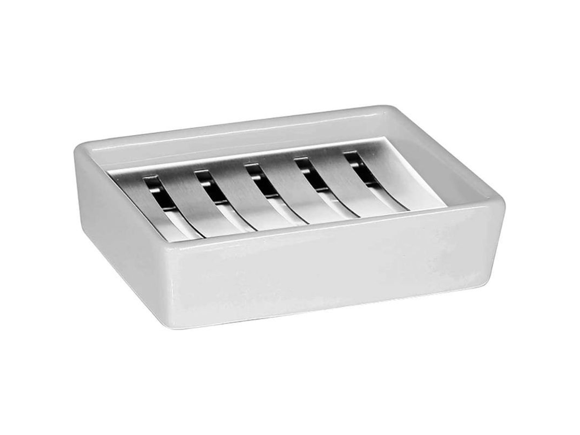 Prato de Sabonete Nova Line de Cerâmica com Suporte de Aço Inox, Drenagem Dupla