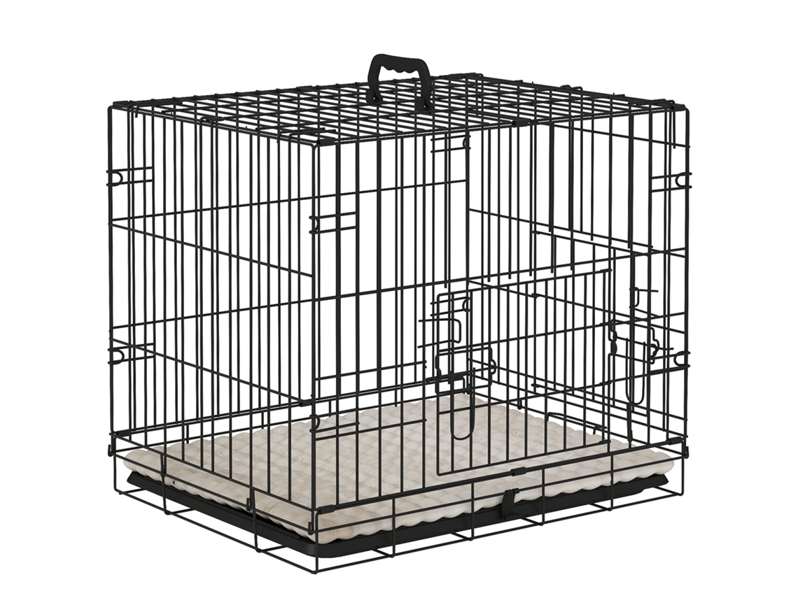 Gaiola Para Cães Dobrável Com Travesseiro Com 2 Portas Alça De Transporte Bandeja Removível 60x40x50 Cm Preto E Bege