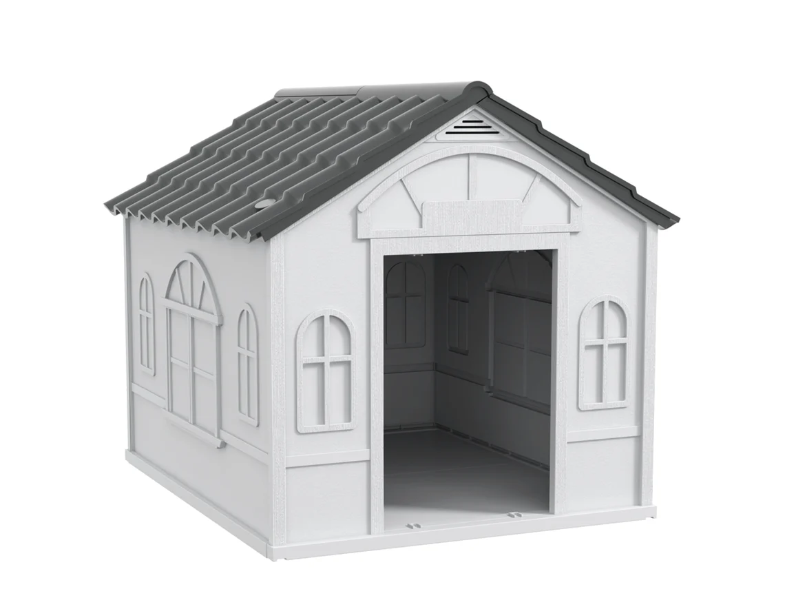 Casa para Cães, 84,2x98,2x82cm, com Janelas e Teto com Imitação de Telhas, Cinza, PROFESIA BOYANG