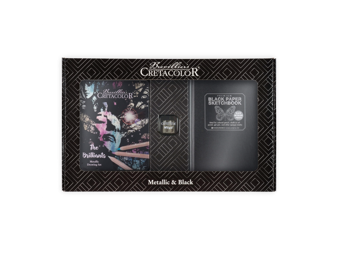 Conjunto De Lápis De Cor Metálicos Cretacolor Com Caderno De Desenho Preto