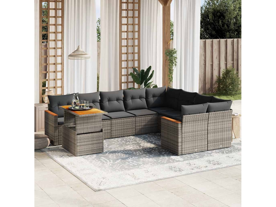 Vidaxl 10 Pcs Conjunto Sofás De Jardim C/ Almofadões Vime Pe Cinzento