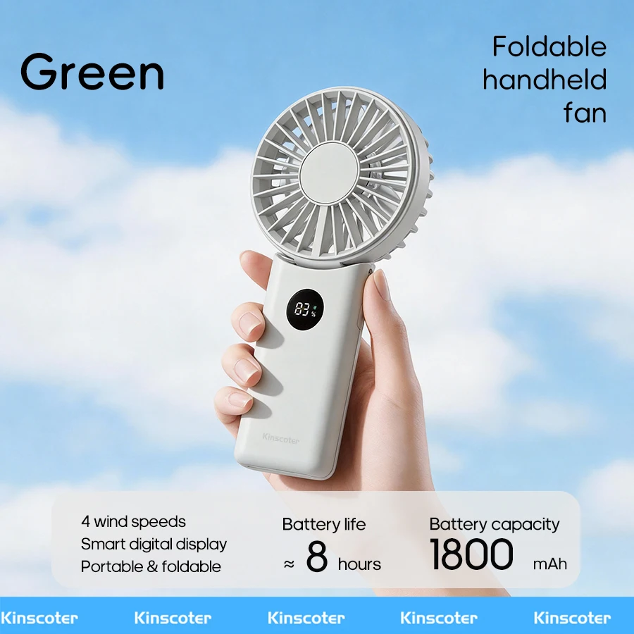 Mini Ventilador Portátil Dobrável, Bateria de 1800mah, Visor Led, 4 Velocidades de Vento, Ângulo Ajustável. MDUG (verde)