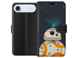 Capa Carteira Compatível Com Apple Iphone Air. Ilustração Simples De Um Robô Redondo Em Branco E Laranja Com Holofote Contra Um Fundo Escuro.