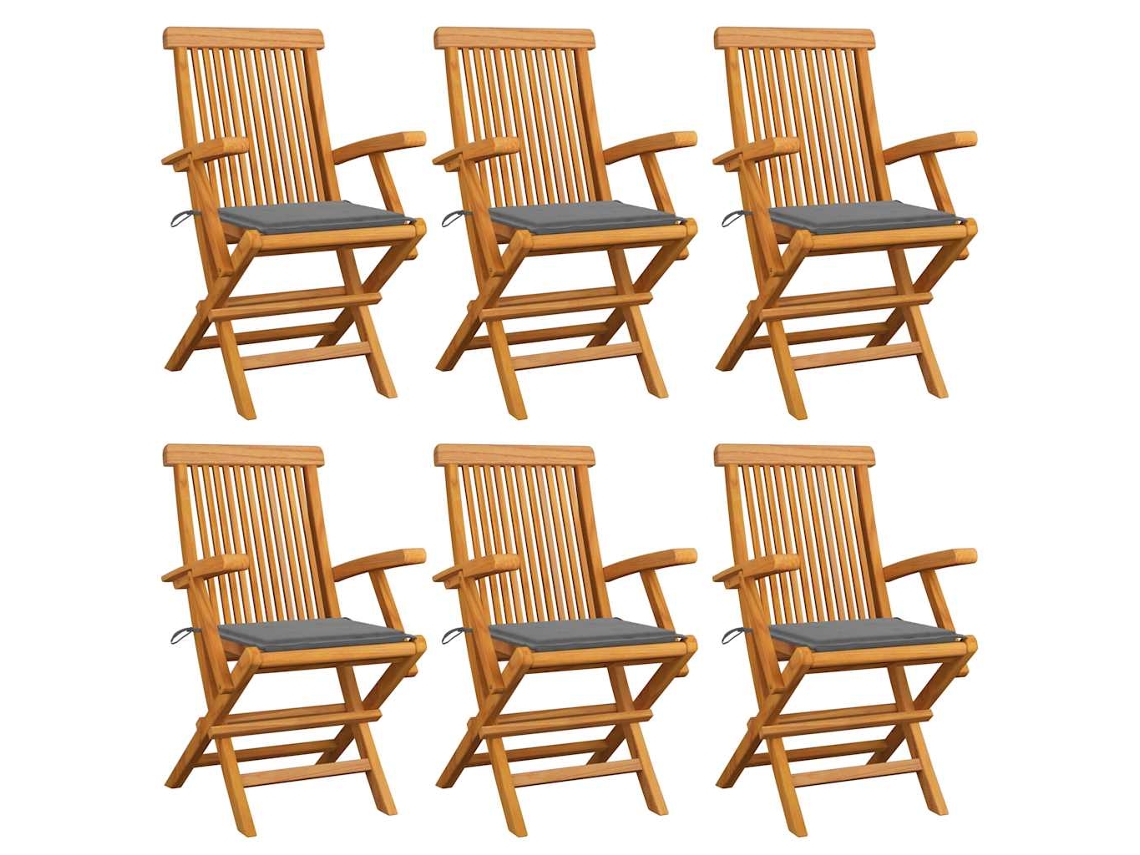 Vidaxl Cadeiras De Jardim C/ Almofadões Cinzentos 6 Pcs Teca Maciça