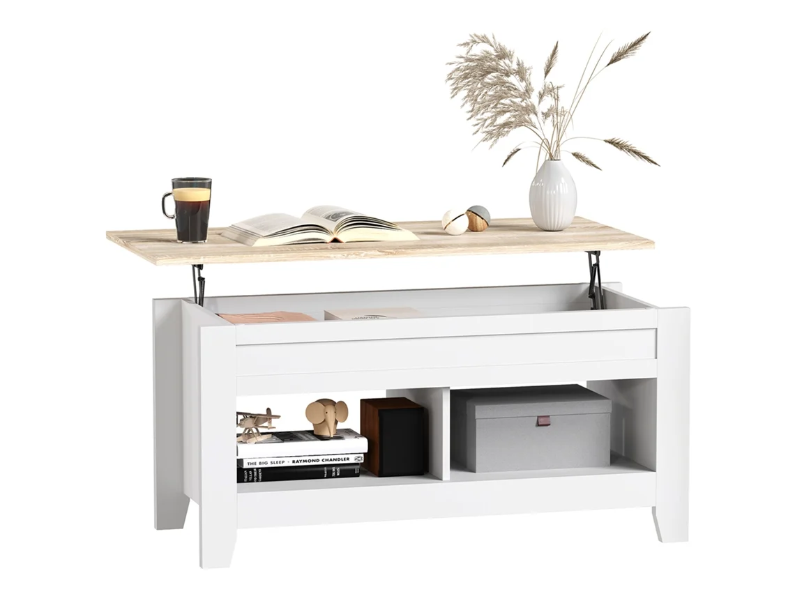 Mesa de Centro CHEZMOI com Tampo Elevatório, Prateleiras e Compartimento Oculto, 105x50x49, 62,5 cm, Branca
