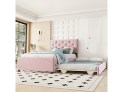 Cama Estofada, 90x200cm, Cama com Base de Ripas , Cama com Recipiente com Rodas, Veludo, Minimalista, Rosa Ge (sem Colchão)