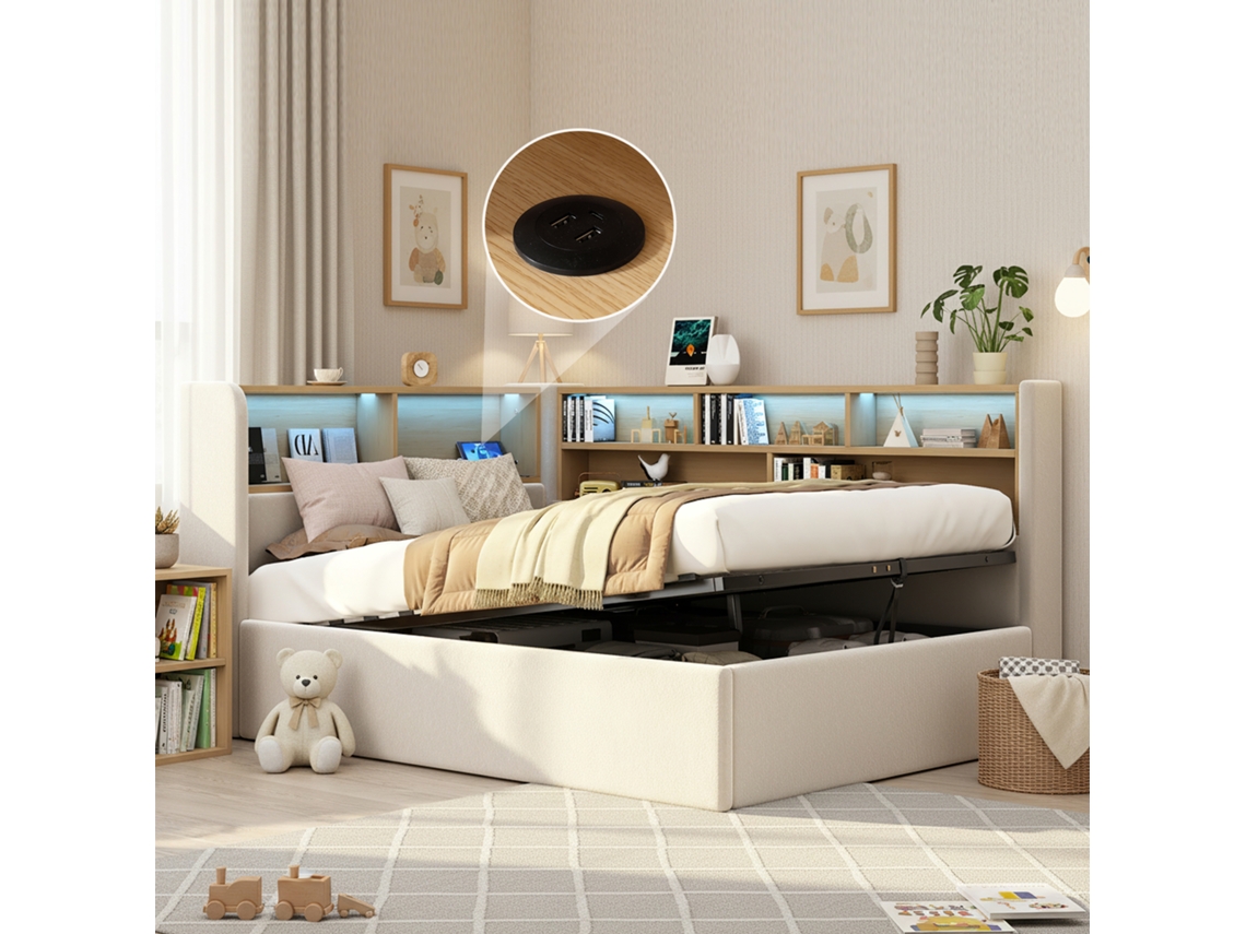 Sofá de dia 90x200cm com armazenamento hidráulico, cama estofada, led, usb, encosto, bege GE | S/MARCA