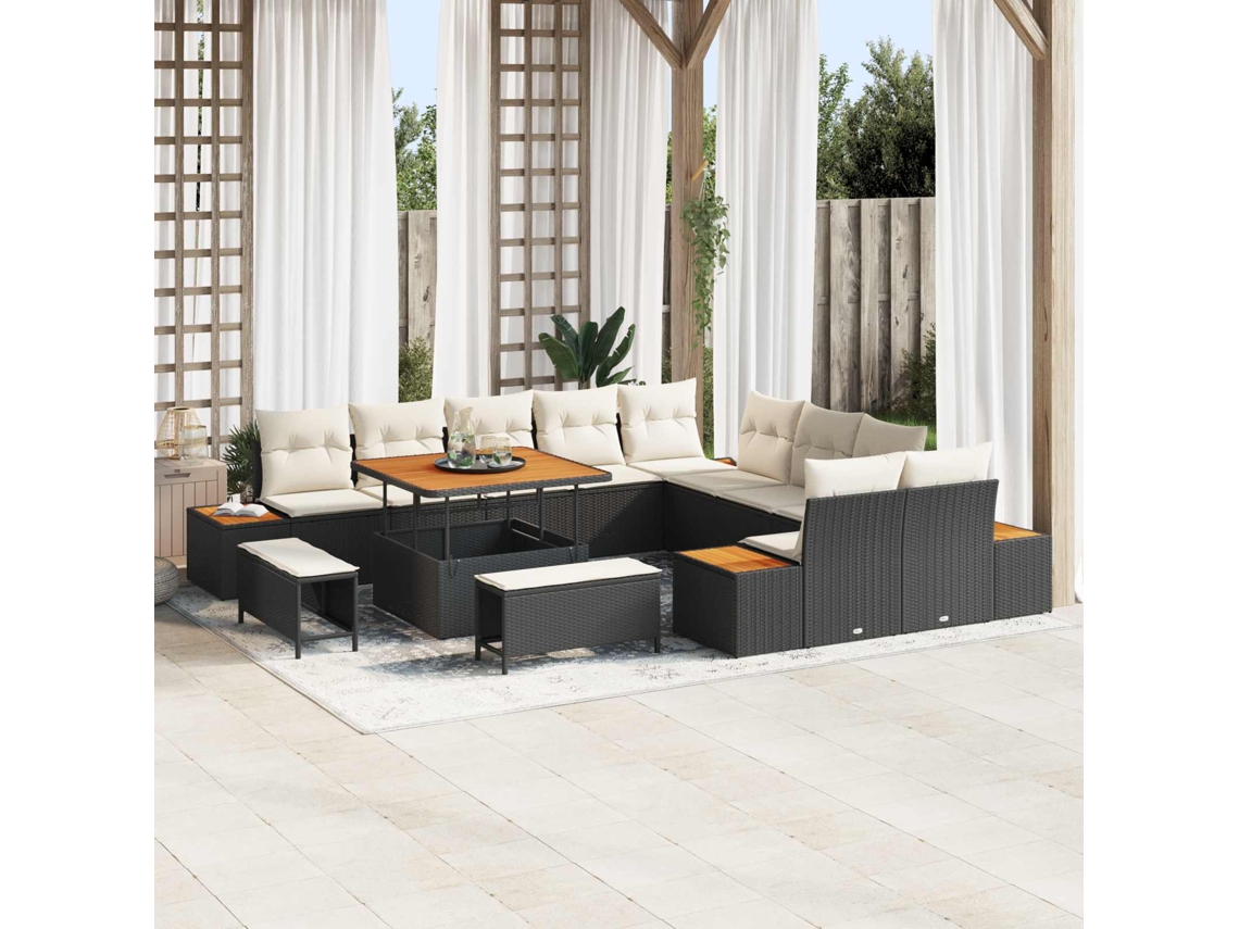 Vidaxl Conjunto De Sofá De Jardim Com Almofada 13 Pcs Preto E Creme
