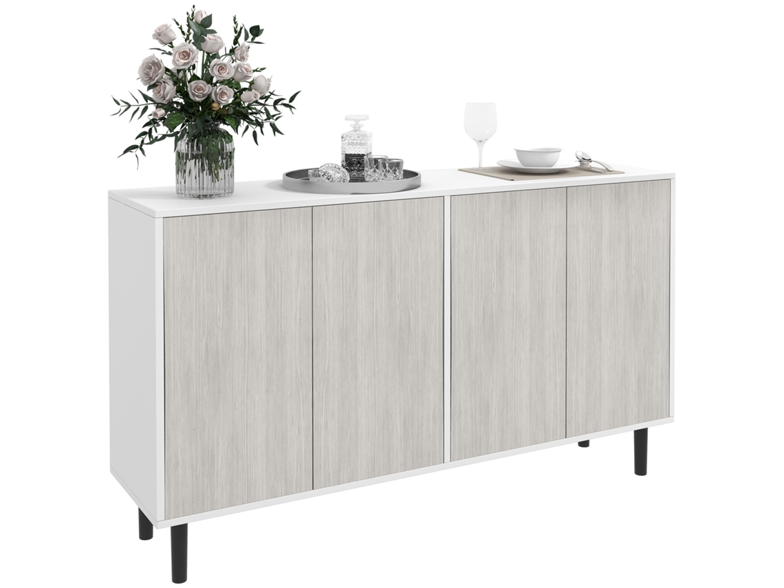 Aparador de Cozinha com 2 Armários e Prateleiras Ajustáveis, 121 X 37 X 75 Cm, Efeito Madeira Branco e Cinza.