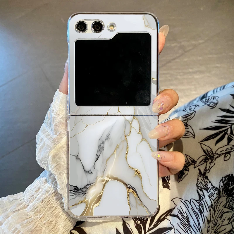 Capa Dobrável Transparente Em Policarbonato Com Estampa De Mármore Cinza Para Samsung Z Flip3.