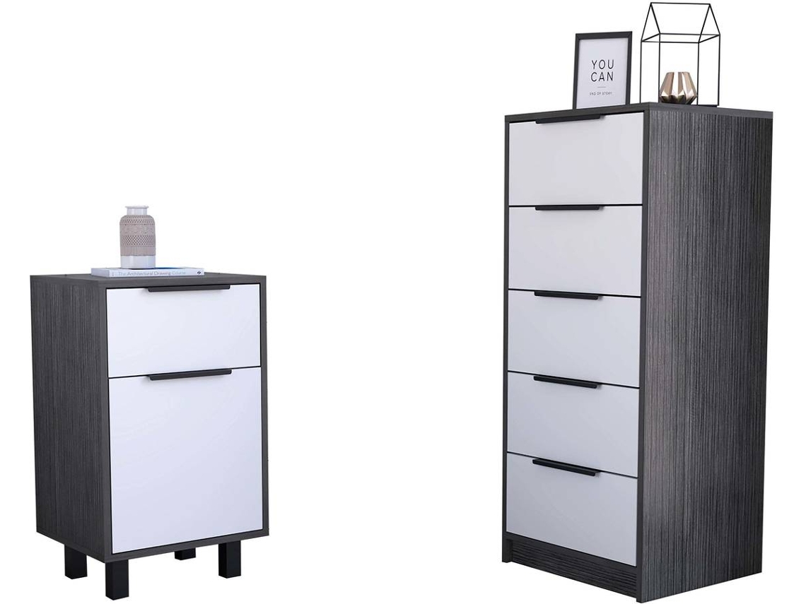 Conjunto de Mesa de Cabeceira e Cómoda TUHOME Kaia (Cinzento e Branco - Aglomerado - 107x45x41.3 cm)