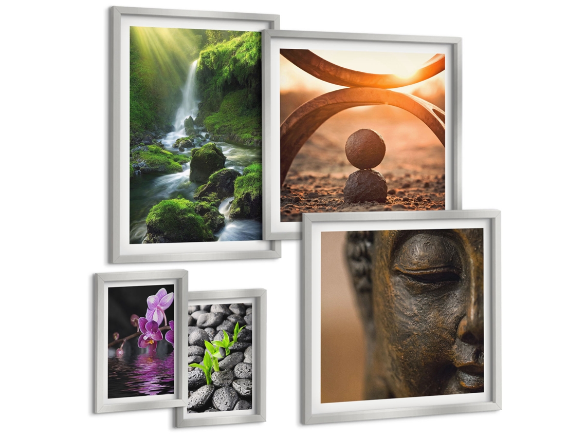 Pinturas Murais Modernas Motivos De Plantas, Cores Suaves Moldura Prateada Quadros Para A Sala De Estar Espelharte (conjunto De 5 Imagens)
