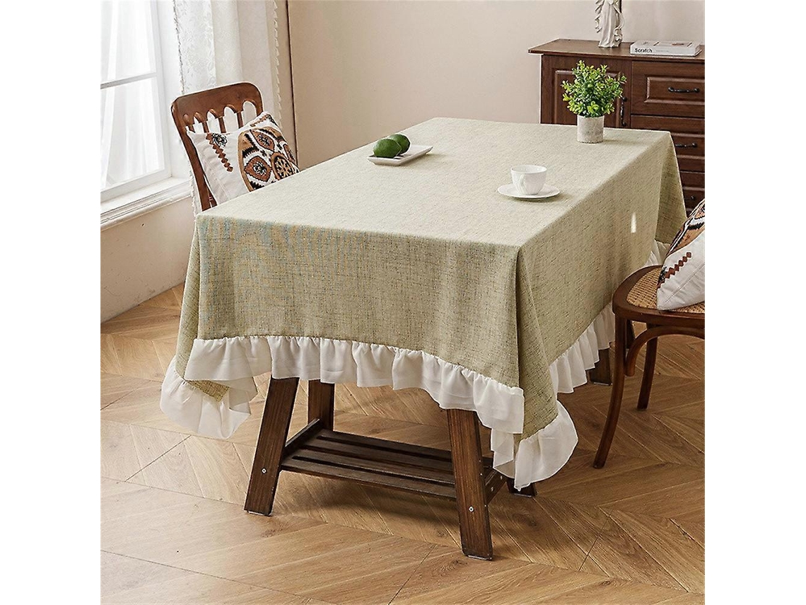 Toalha De Mesa Com Babado Cor Bege E Branco, Tecido Resistente, Ideal Para Sala De Jantar