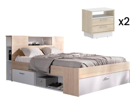 Cama e Mesas de Cabeceira e Cabeceira VENTE-UNIQUE (160 x 200 cm - Derivados de Madeira - Castanho)