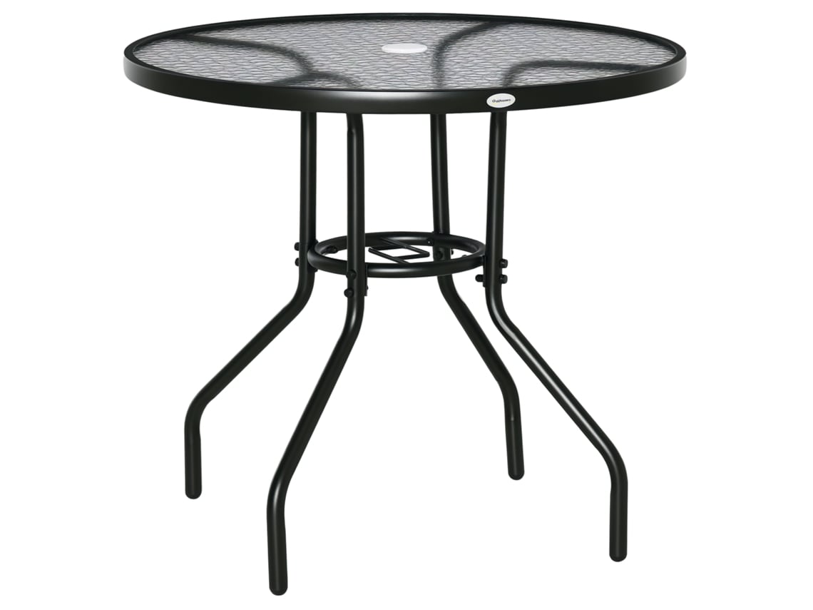 Mesa de Jardim Redonda com Orifício para Guarda sol e Tampo de Vidro, em Metal, Ø80x72 Cm, Preta. CHEZMOI