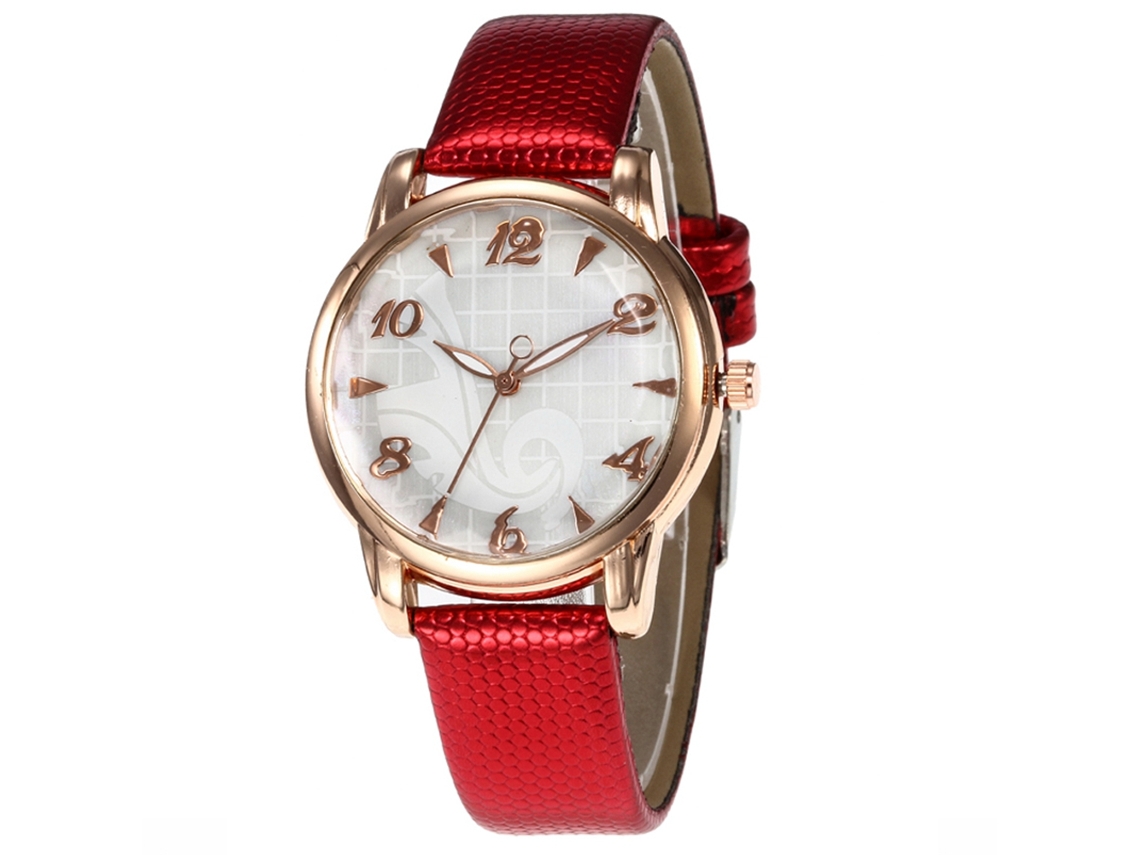 Relógio de pulso feminino com pulseira de PU, mostrador redondo casual, números dourados, vermelho.