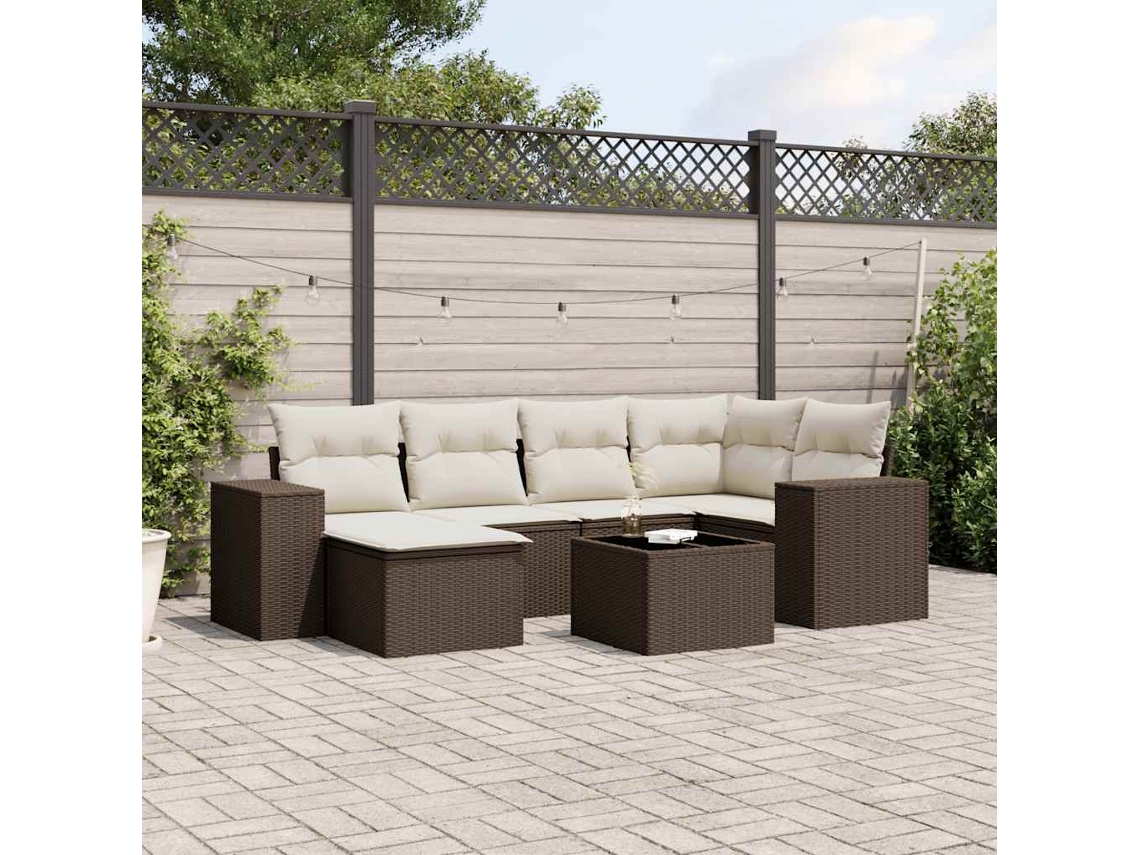 Vidaxl 7 Pcs Conjunto De Sofás Jardim C/ Almofadões Vime Pe Castanho