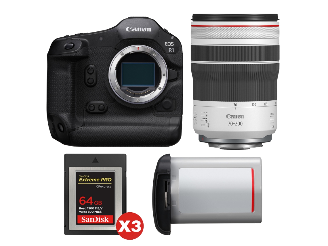 Eos R1 + Rf 70 200mm F/4 L Is Usm + 3 Sandisk 64gb Extreme Pro Cfexpress Type B + Canon Lp e19 + Ebook “20 Dicas para Fotos Que Impressionam” CANON