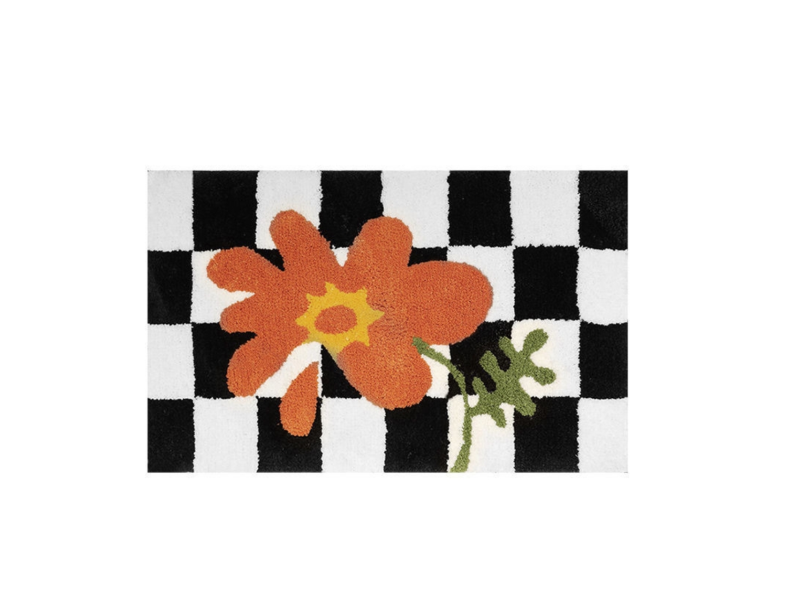 VYLARA Tapete Xadrez Antiderrapante 40x60cm Com Flor Laranja Para Banheiro E Cozinha