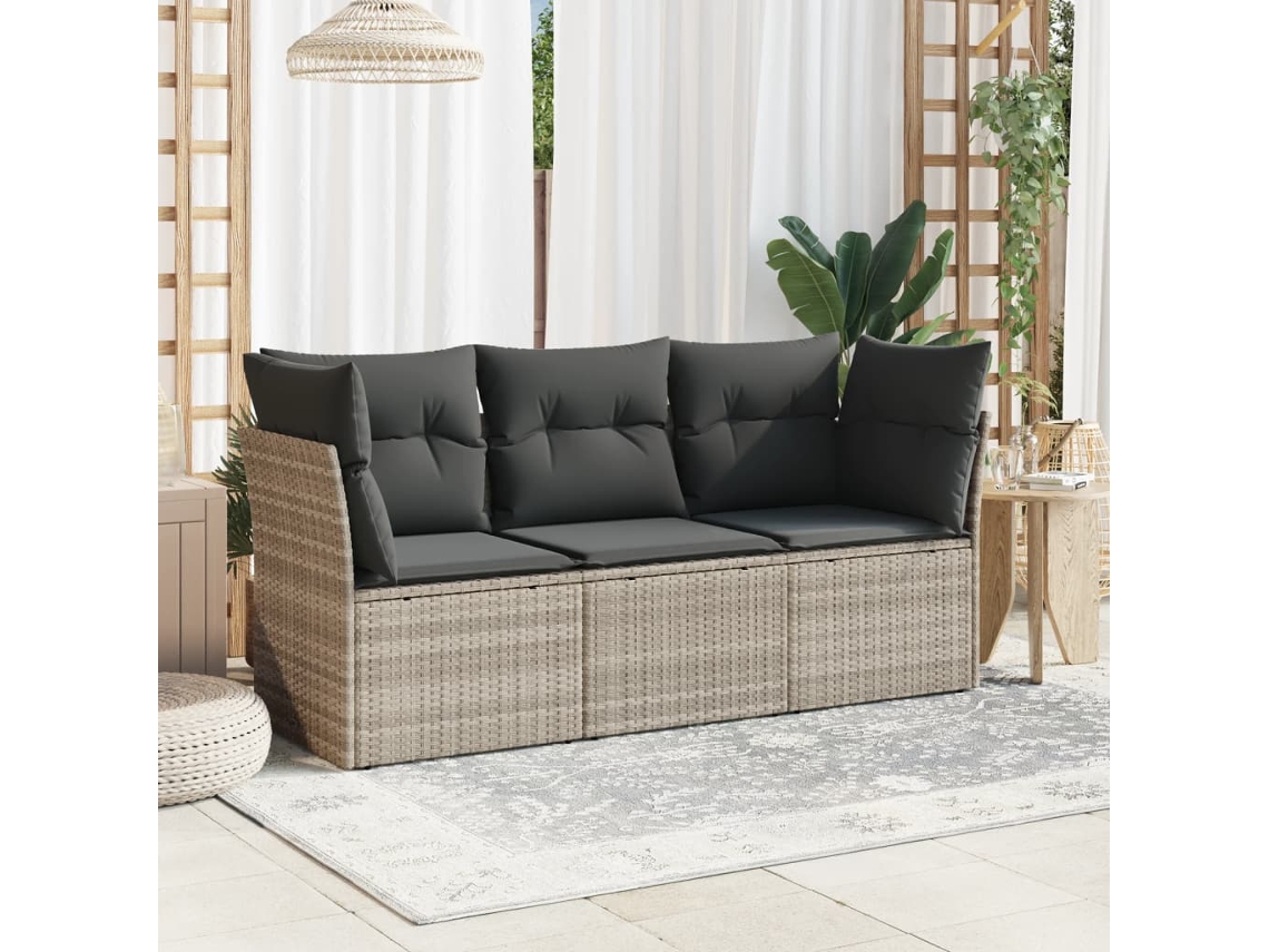 Vidaxl 3 Pcs Conj. Sofás Jardim C/ Almofadões Vime Pe Cinzento-claro