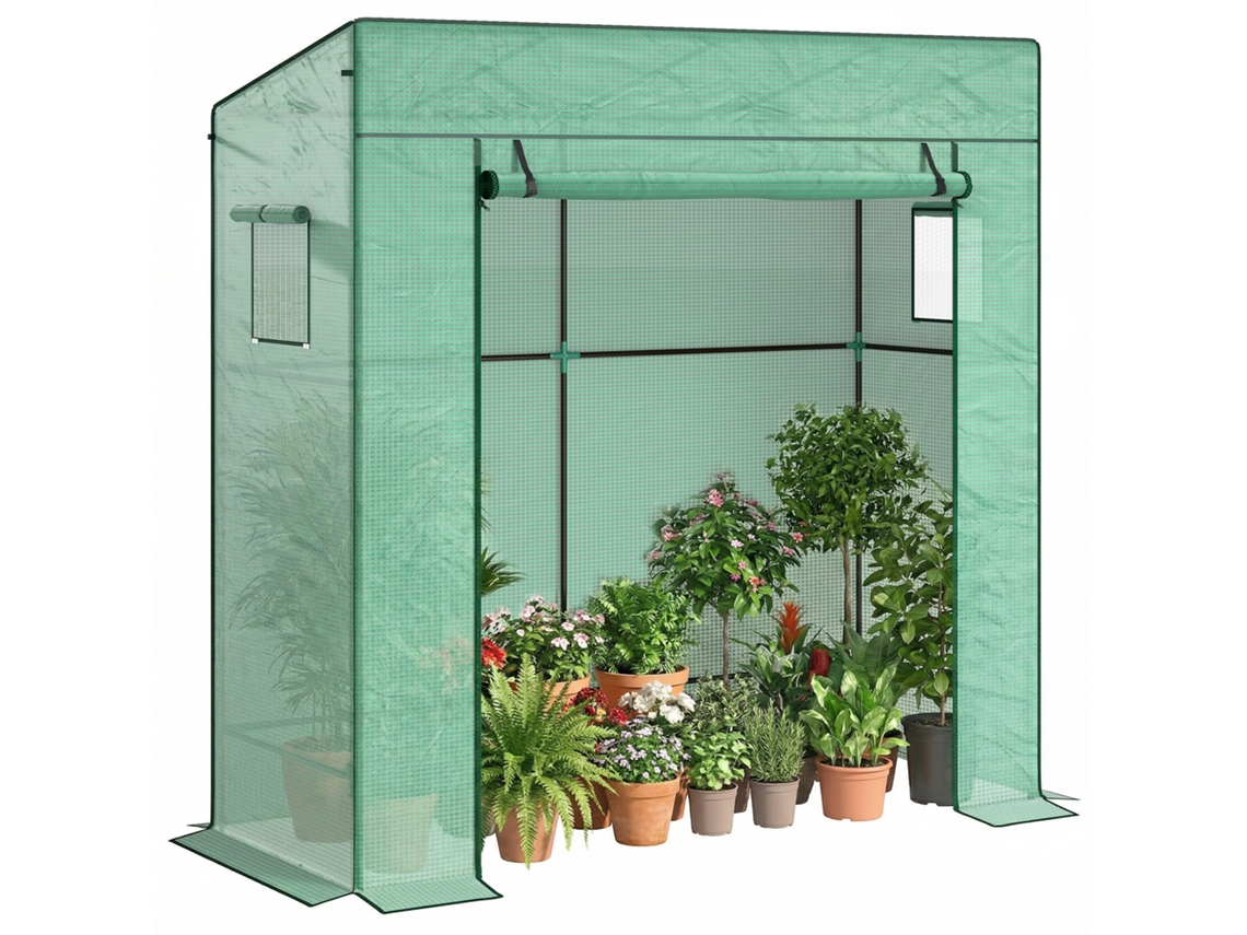 Estufa de plantas com 2 janelas laterais de malha e entrada enrolável em aço 196x77x197 cm verde | S/MARCA