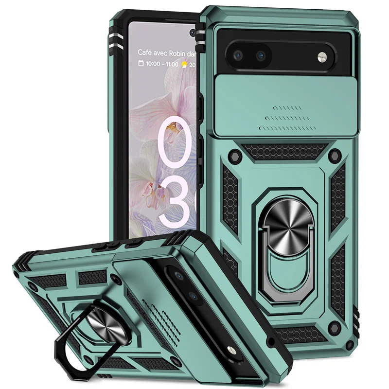 (verde, Google Pixel 6 Pro) Capa Resistente Com Tampa Deslizante Para A Câmera E Suporte De Anel Metálico Magnético Com Rotação De 360°