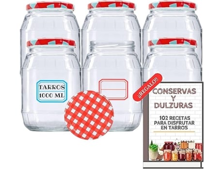 6 Frascos de Vidro de 1000 Ml com Tampas para Conservas Potes de 1 Litro com Tampa de Rosca Fechamento Hermético para Alimentos Caseiros MUNDOTARROS