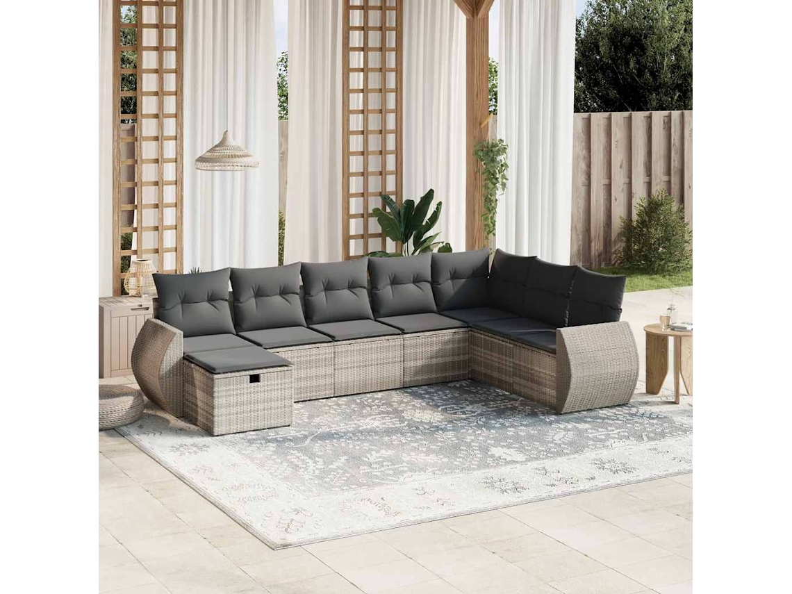 Vidaxl 8 Pcs Conj. Sofás Jardim C/ Almofadões Vime Pe Cinzento-claro