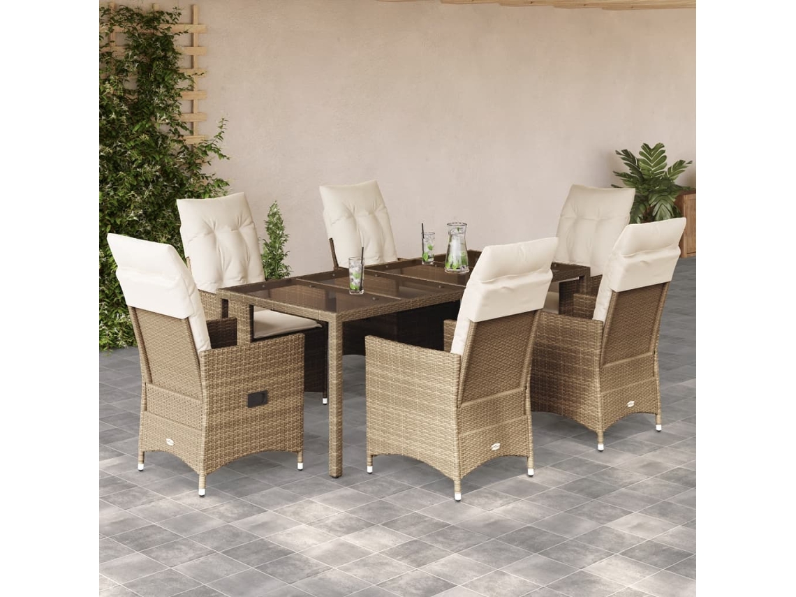 7 Pcs Conjunto De Jantar P/ Jardim Com Almofadões Vime Pe Bege Dkd Home Decor