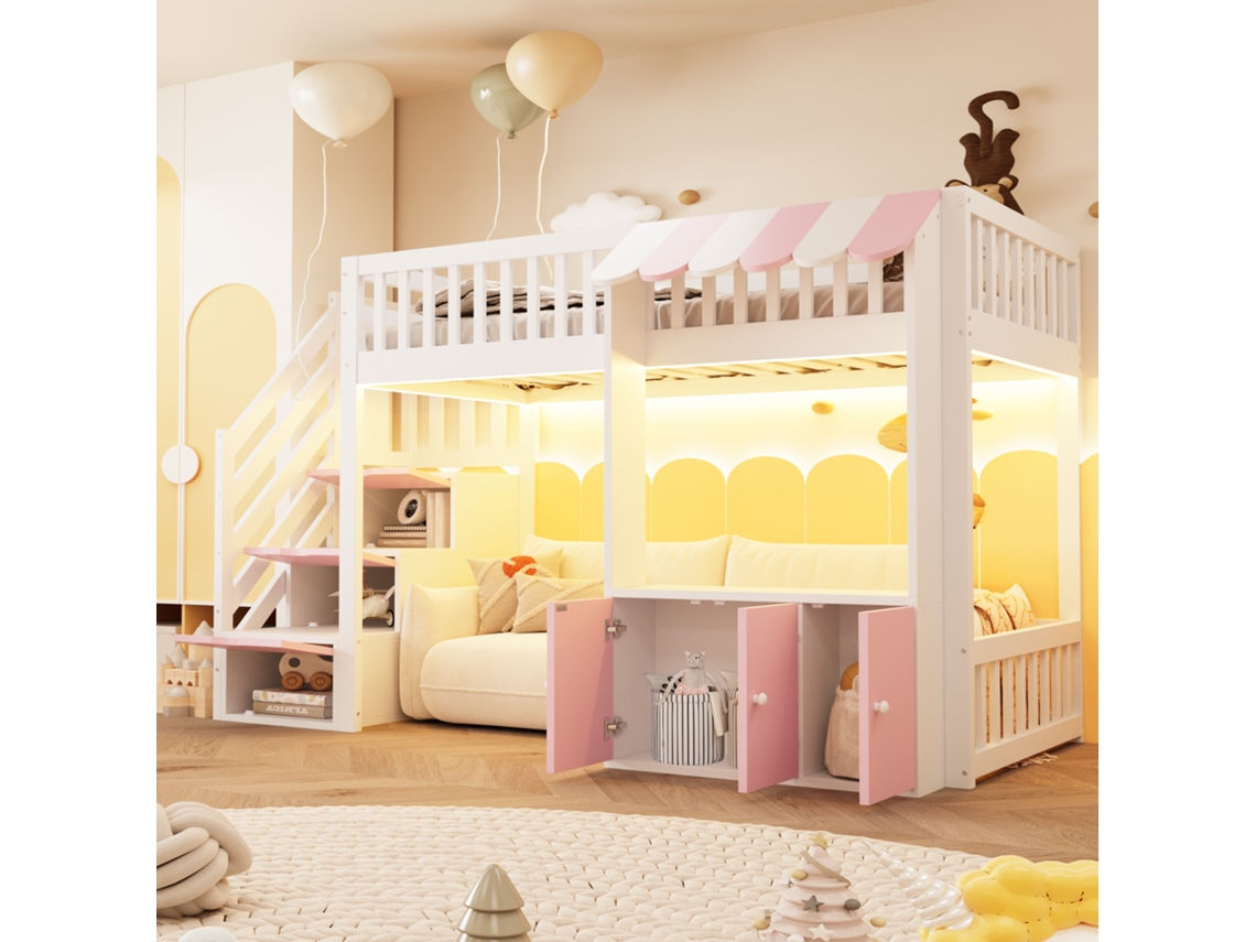 Cama Madeira Infantil 90x200 Escada Guarda Roupa Led Rosa Funcional