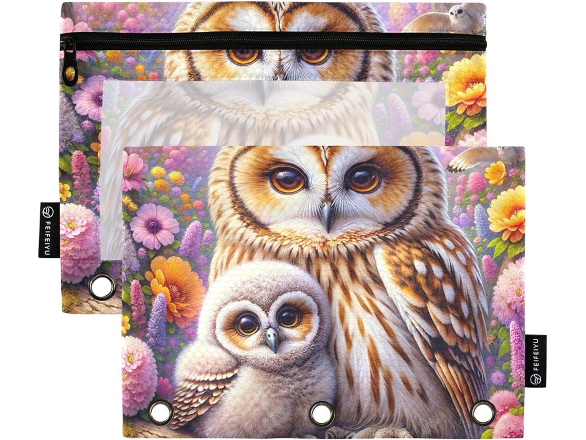Gaigeo Conjunto de 3 Anéis para Massa com Estampa Floral Coruja, Porta-Doces com Zíper, Ideal para Trabalho e Escola, Acompanha Bolsas