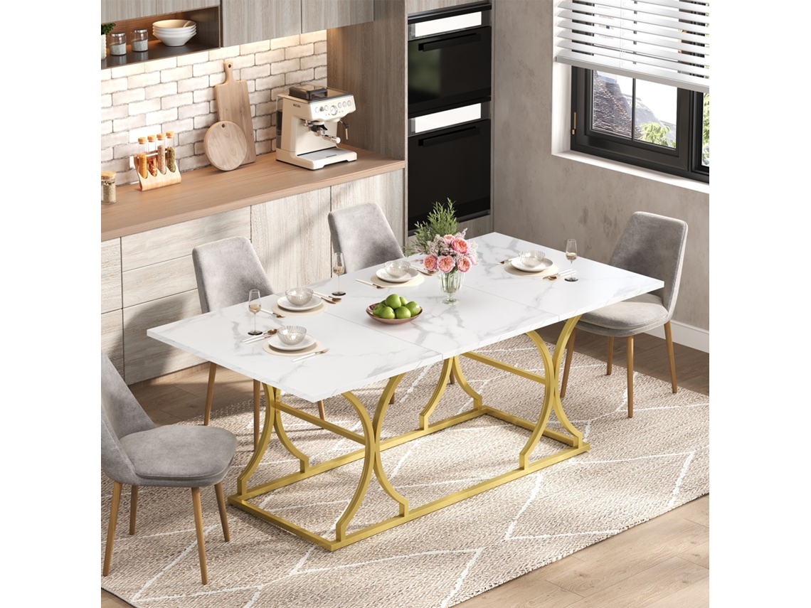 Mesa de Jantar 200x80 Cm Mármore com Base Dourada, 8 10 Pessoas LAMAISON