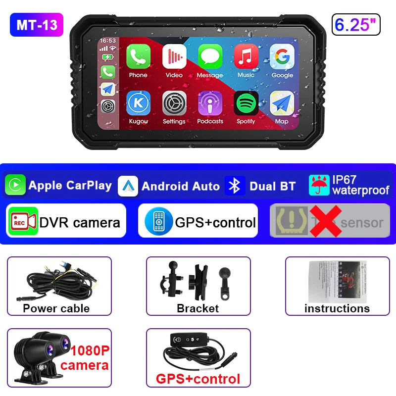 (dvr+gps) Câmera Veicular Para Motocicleta De 6,25 Polegadas, À Prova D'água Ip67, Carplay Sem Fio