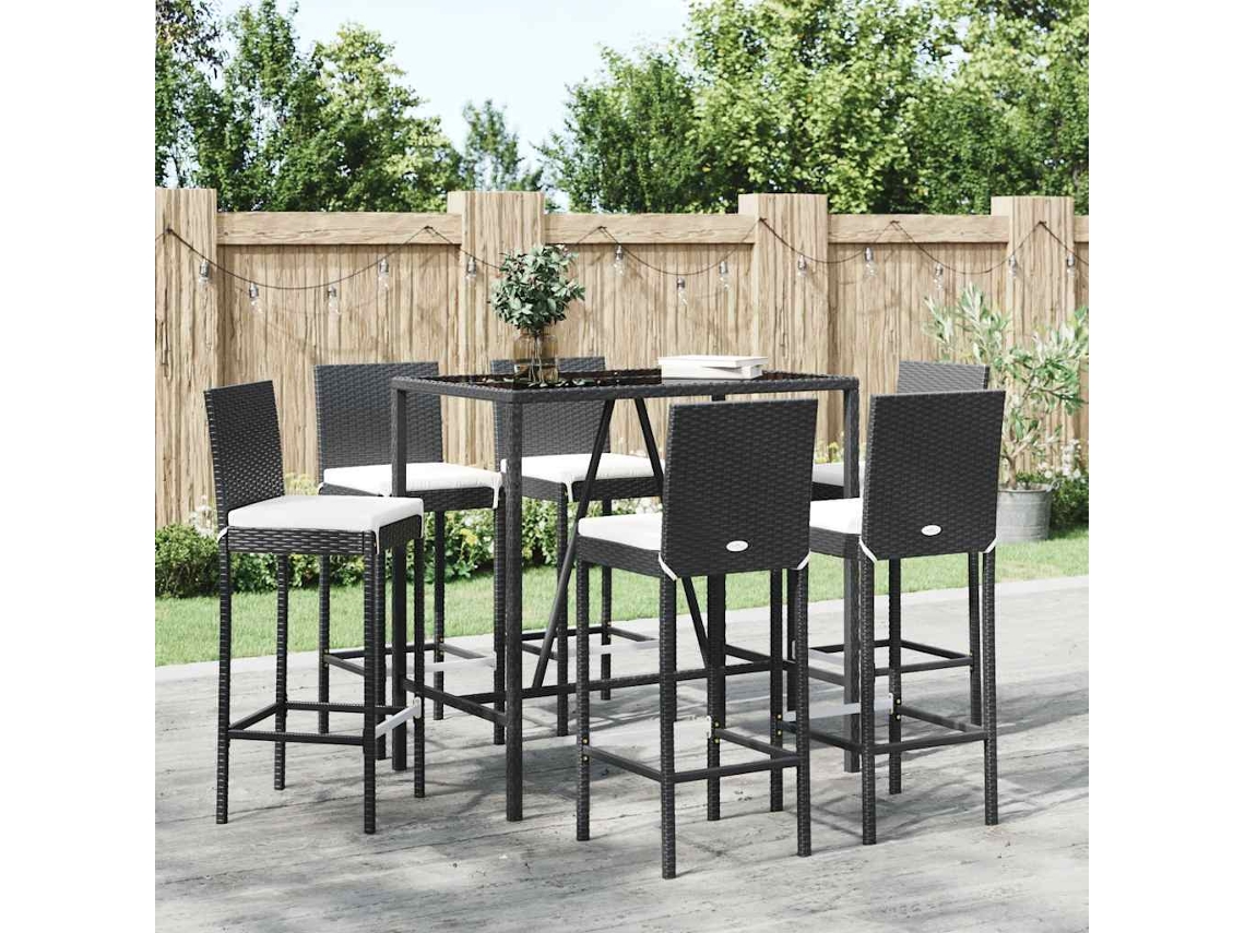Vidaxl 7 Pcs Conjunto De Bar Para Jardim C/ Almofadões Vime Pe Preto