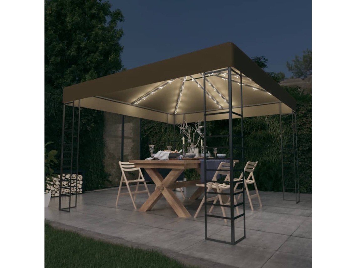 Vidaxl Tenda De Jardim C/ Cordões De Luzes Led 3x3 M Cinza-acastanhado