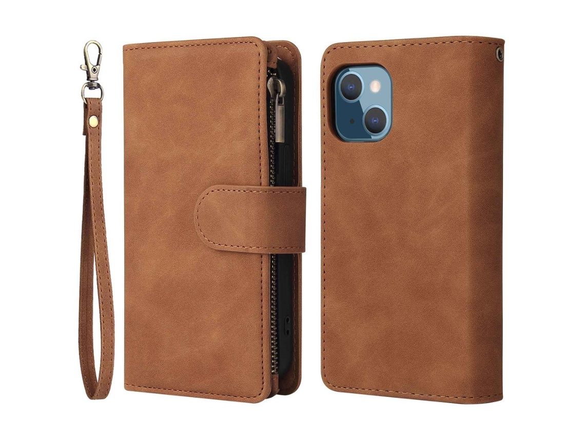 Capa Quedas Para Iphone 13 Mini Pele Sintética Com Porta-cartões Castanho