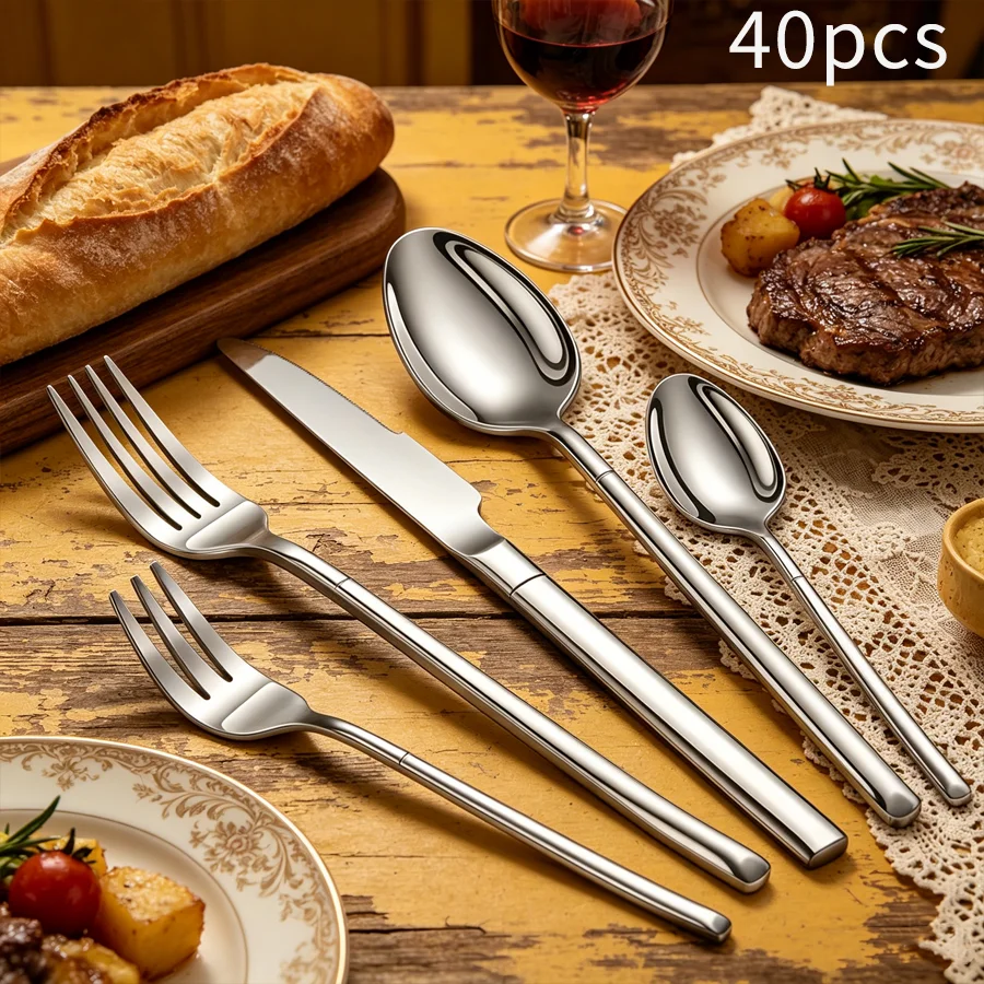 Conjunto De Talheres De Aço Inoxidável (40 Peças, Cor Prata), Próprio Para Lava-louças.