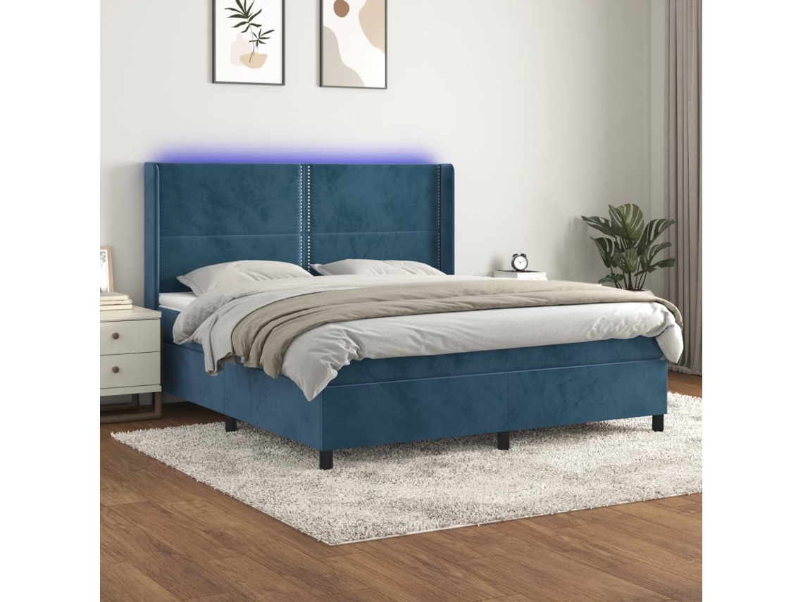 Cama Box Spring C/ Colchão/led 160x200 Cm Veludo Azul-escuro