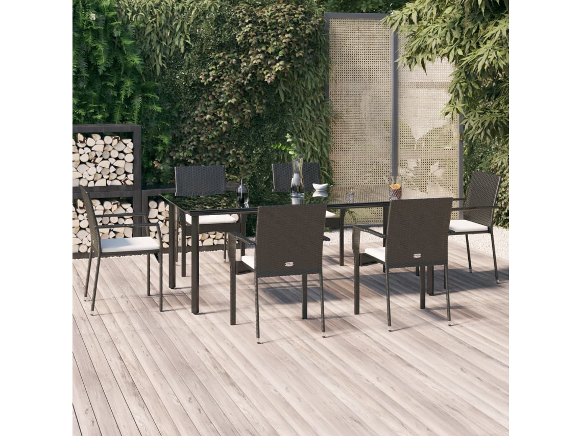 Vidaxl 7 Pcs Conjunto De Jantar P/ Jardim C/ Almofadões Vime Pe Preto