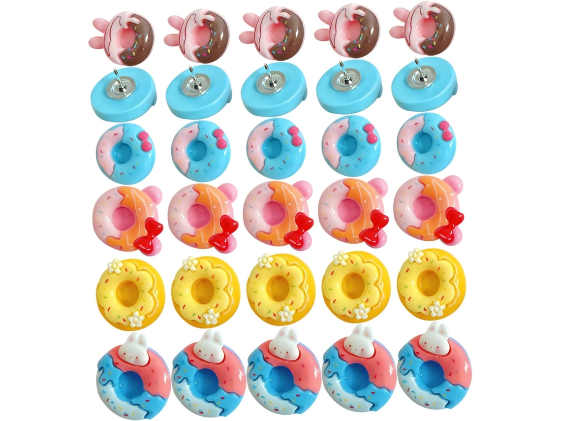 Conjunto de 30 Tachinhas Decorativas em Formato de Rosquinha, Artesanato em Resina, Ideais para Fixar Notas e Papéis