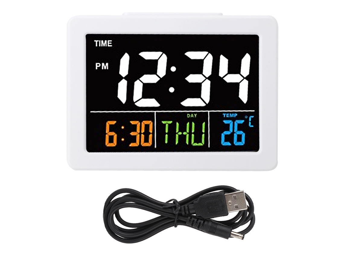 Despertador eletrônico de mesa Baok com grande visor LCD colorido, exibe hora, data e temperatura (branco)