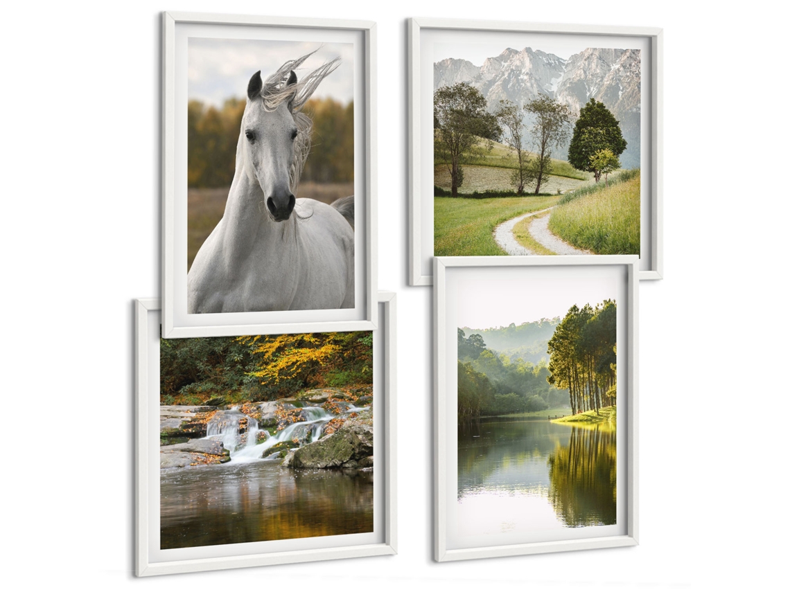 Conjunto De Pinturas Cavalos Brancos Rio Natureza Moldura Branca Imagens Para Um Quarto Infantil Espelharte (conjunto De 4 Imagens)