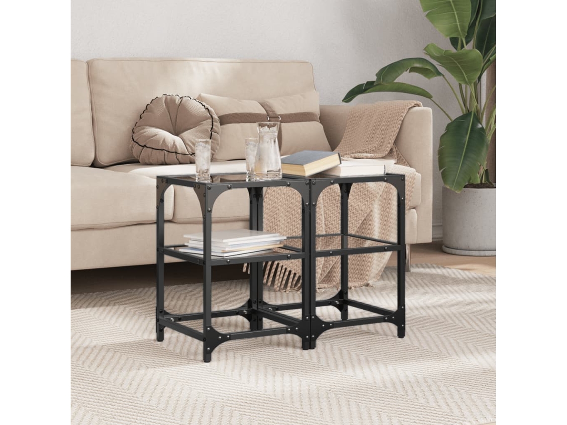 Vidaxl Mesas De Centro C/ Tampo Em Vidro Preto 2 Pcs 30x30x45 Cm Aço